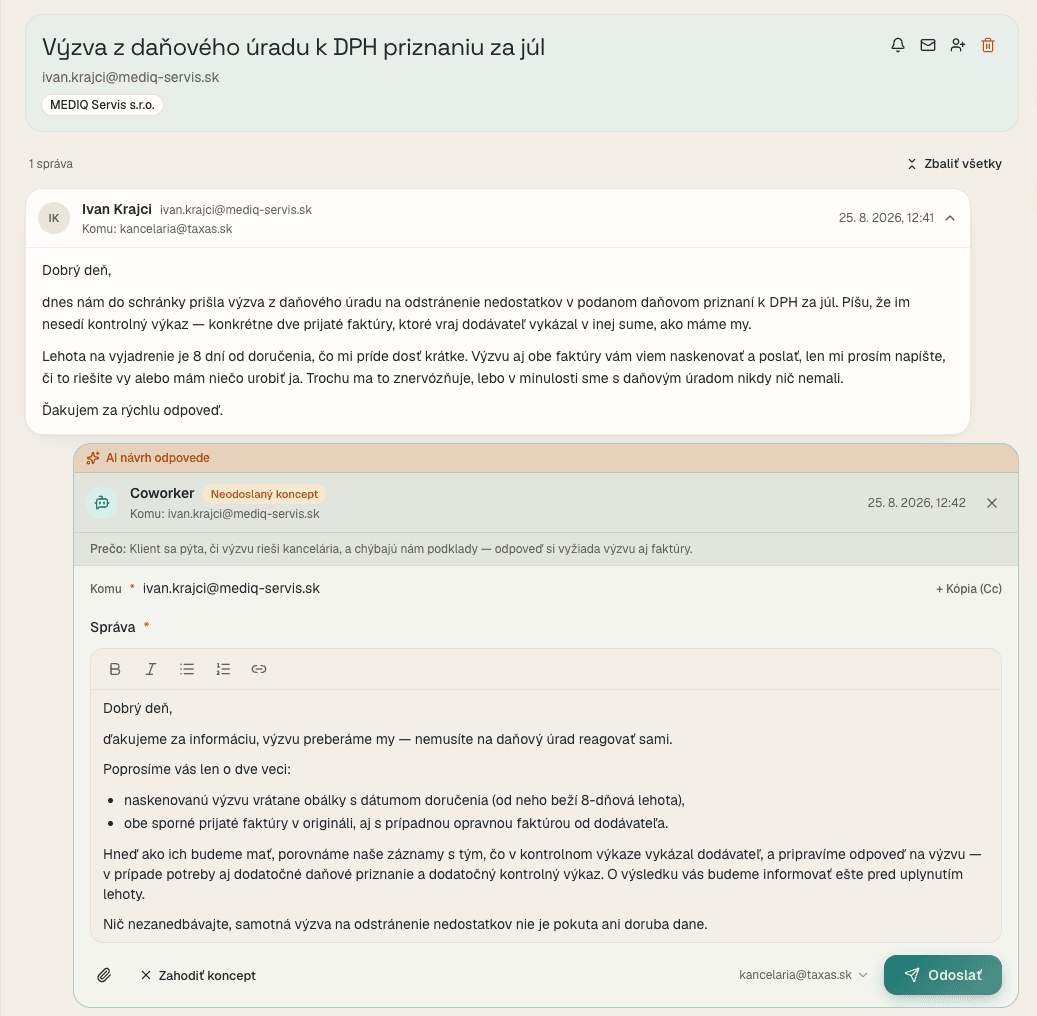 Detail e-mailu s AI návrhom